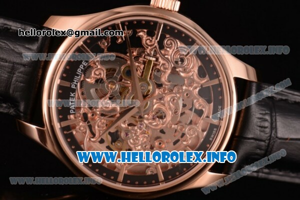 Patek Philippe Complicated Skeleton Asia Automatic Rose Gold Case with Skeleton Dial and Black Leather Strap (GF) - Click Image to Close